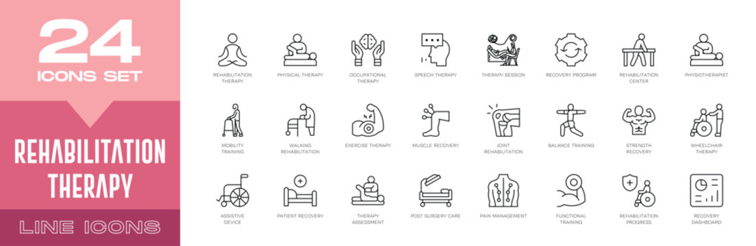 Rehabilitation Therapy Line Icons Set - Physical Recovery, Medical Care, Editable Stroke Vector Collection