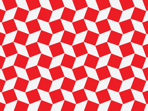 Bold red and white seamless geometric pattern featuring repeating cube-inspired optical illusion shapes arranged in a tessellated layout. Modern abstract background suitable for wallpaper, textiles.