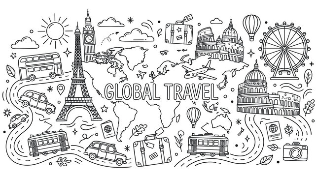 Global travel world map with famous landmarks and transportation in doodle line art.