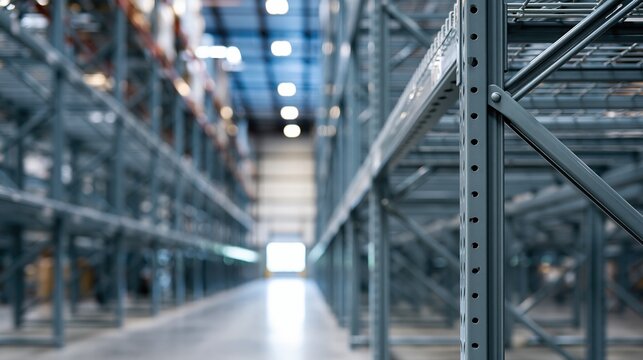 Empty industrial warehouse shelving racks with aisle perspective, modern logistics and storage solutions