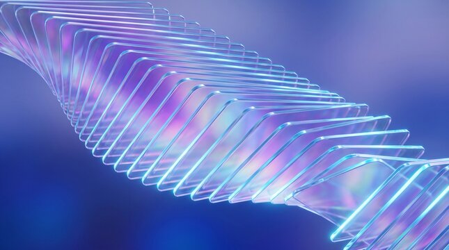 Abstract composition of transparent glass plates arranged in a dynamic horizontal spiral.
