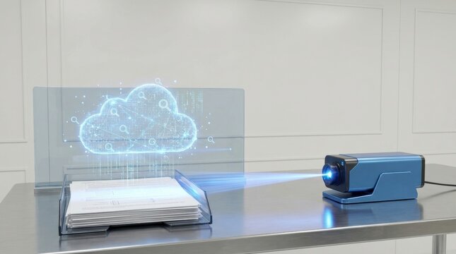 Cloud Projection Technology: A small projector casts a holographic glowing cloud icon onto a clear panel, symbolizing digital data storage and cloud computing innovation.