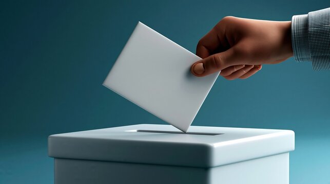 Close-up of a hand casting a blank ballot into a clean white ballot box during an election