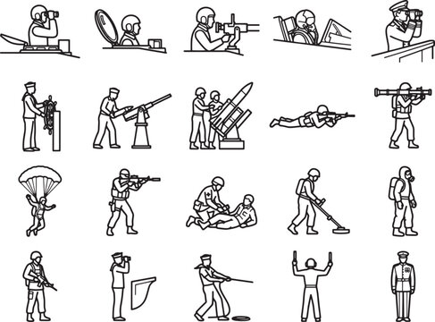 A collection of outline illustrations depicts various military personnel in action, showcasing different roles and equipment in a set of informative graphics.