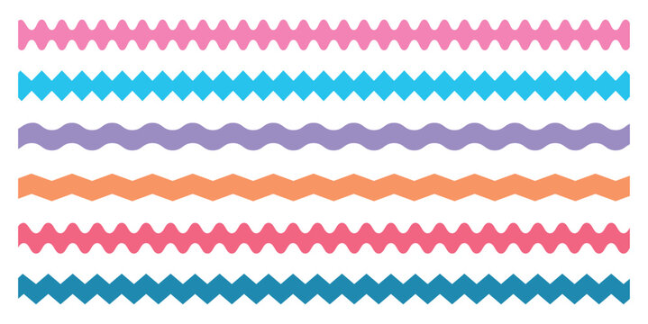 Scalloped edge color seamless shapes vector set. Seamless line zigzag pattern design. Simple scalloped border, texture ribbons, seamless pattern Vector illustration.
