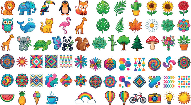 Cute Animals Nature Elements and Colorful Geometric Patterns Icon Set for Stickers Patterns Kids Crafts and Graphic Designs