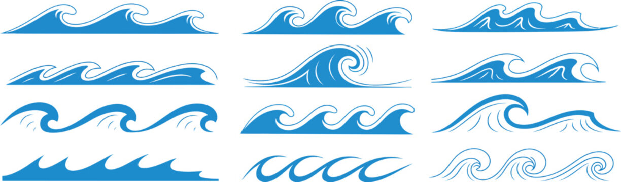 Blue sea and ocean wave icon set with water surf splashes, ripple texture, river flows, flood tides, marine nature silhouettes, and wavy curl graphics, vector, designs