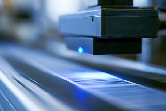 Close-up of industrial laser engraving machine precisely marking a surface with bright blue light