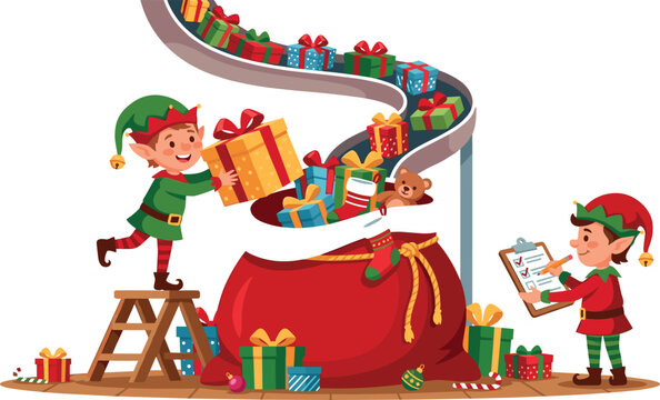 Cute Christmas Elves Packing Holiday Gift Boxes into Santa Sack from Slide Conveyor Belt with Workshop Checklist Vector Cartoon Illustration