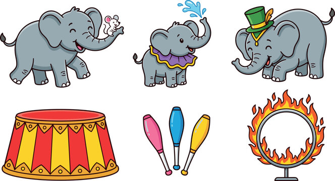 Cute Circus Elephant Icon Set with Performing Animals Stage Juggling Pins and Ring of Fire for Carnival Entertainment and Kids Vector Designs