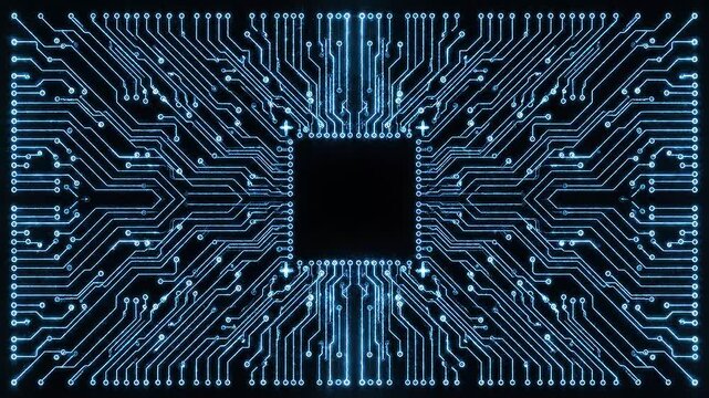 Abstract digital background with glowing blue circuit board lines and central processor unit.