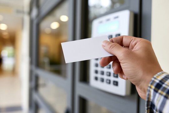 Close-up of hand holding blank access card to proximity reader for building entry and security