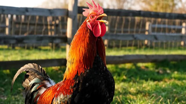 Roosters standing on the farm, red roosters crowing HD video