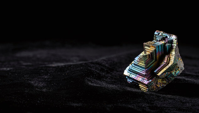 a vibrant iridescent bismuth crystal cluster with stair-step geometric structures on a black surface