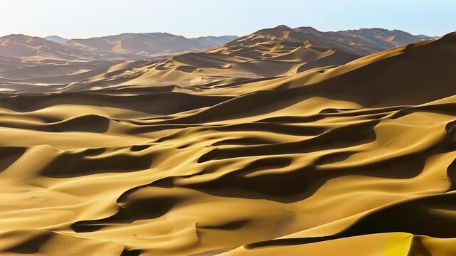 Aerial view of vast golden sand dunes stretching toward distant mountains under bright sunlight in Xinjiang.