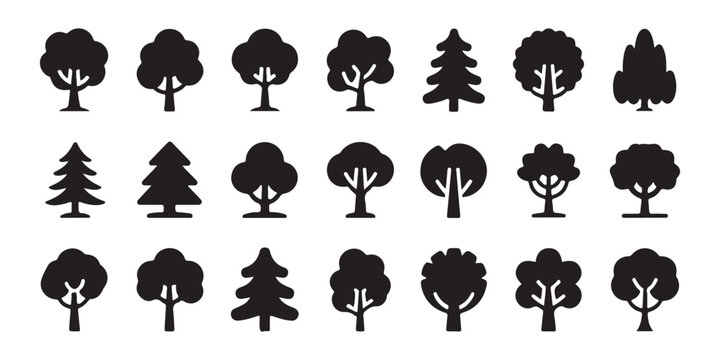 Set of black trees icons on transparent background, different shapes for forest and park landscape.