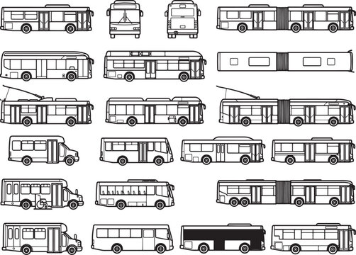 Collection of bus silhouettes, including articulated, standard, trolley, and mini bus types, presented in a clean, organized grid layout.