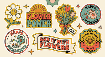 Retro floral sticker sheet featuring vintage flower power typography, smiley daisy, watering can, and bouquet icons. Hand-drawn vector graphics in muted 70s colors for creative branding. © JOEEE