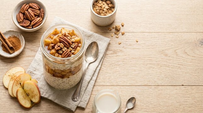 Overnight Oats Delight: A delicious and healthy jar of overnight oats, layered with apple, nuts, and cinnamon, sits on a rustic wooden surface, accompanied by fresh apple slices and a glass of milk.