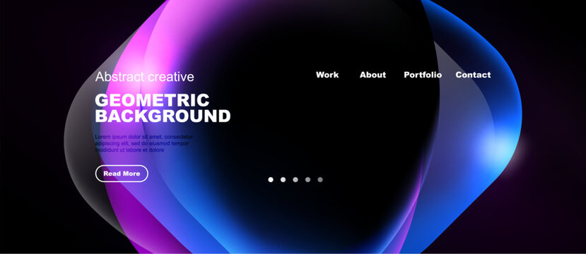 Modern website mockup features vibrant abstract shapes, text elements, navigation menu. Dark background enhances colorful design.