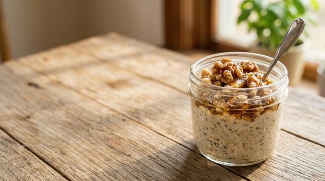 Overnight Oats with Walnuts: A delicious and healthy jar of overnight oats topped with crunchy walnuts, ready to be enjoyed for breakfast on a rustic wooden table.