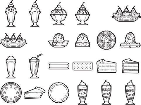 A collection of black and white line art illustrations depicting various ice cream desserts, cakes, and pastries, offering a sweet assortment of frozen treats and baked goods.