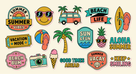 Retro summer sticker sheet featuring colorful vacation themed die-cut badges, surfboard, palm trees, and tropical icons in a vintage Y2K vector style with halftone texture and bold outlines. © JOEEE