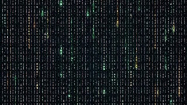 Abstract digital background with falling binary code numbers in green and gold colors.