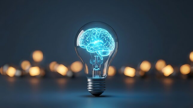 Glowing digital brain inside lightbulb representing artificial intelligence and creative innovation concept
