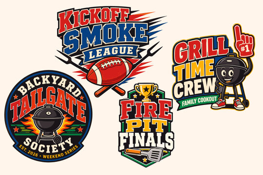 A collection of four vibrant, retro-style logos celebrating outdoor grilling, tailgating, football, and fire pit cooking events, featuring grills, tools, and sports elements.
