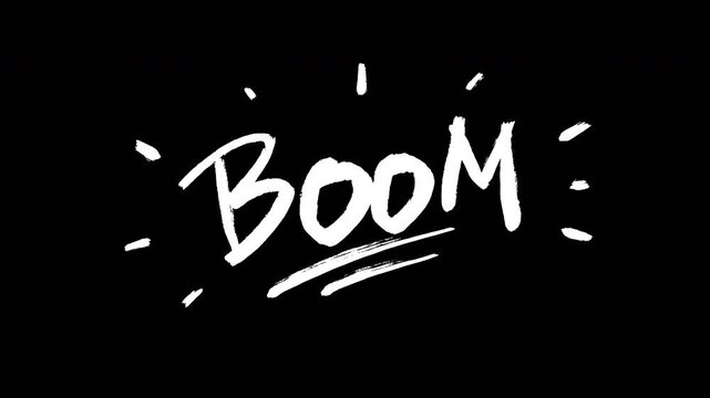 White hand-drawn scribble BOOM text effect on black background for comic book style pop art animation Video 4K