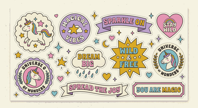 Retro Unicorn Sticker Sheet with Vintage Typography, Die-Cut Badge Shapes, and Magical Quotes in Pastel Colors. Y2K Aesthetic Vector Illustration for Digital Scrapbooking and Design.