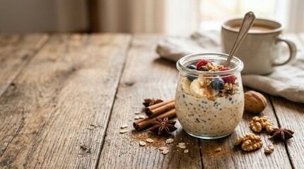 Fototapeta premium Healthy Oatmeal Breakfast: A delicious and healthy jar of overnight oats topped with fresh berries, banana slices, granola, and chia seeds sits on a rustic wooden table.
