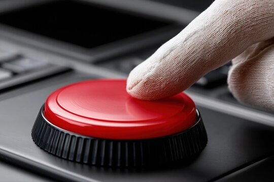 Finger wearing white glove pressing a large, glowing red button on a dark electronic control panel