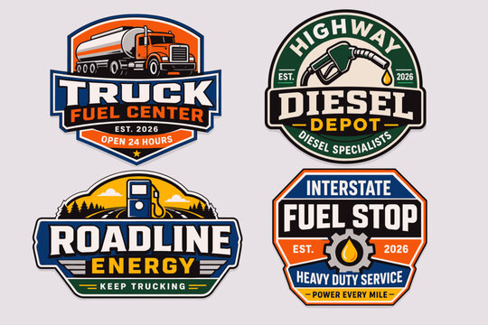 Four vintage-style logos for truck fuel centers, diesel depots, roadline energy, and interstate fuel stops, featuring trucks, fuel nozzles, and pumps.