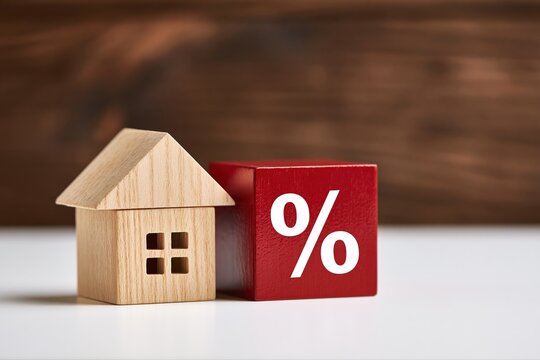 Wooden house model with red cube displaying percentage symbol symbolizing real estate interest rates