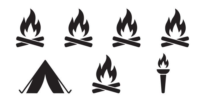 Campfire icons set isolated on transparent background, bonfire logo design template, vector illustration.