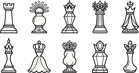 Black chess piece silhouette collection, ornate king queen rook bishop pawn icons, decorative vector art, creative board game illustration set © Artist RH