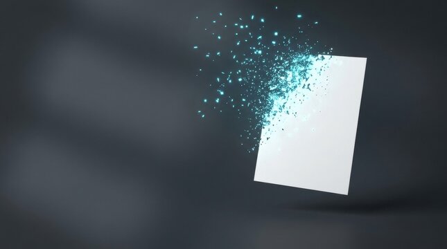 Abstract Blank Page Dissolving: A white rectangular sheet of paper is fragmenting into a cloud of glowing blue particles against a dark, moody background. This imagery evokes themes of creation.