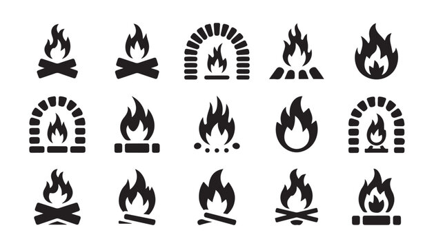 Campfire and fireplace icons set isolated on transparent background, fire and heat vector illustration.