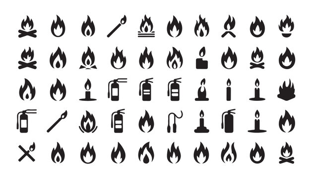 Fire and flame icon set featuring bonfires candles torches and fire extinguishers vector graphics.