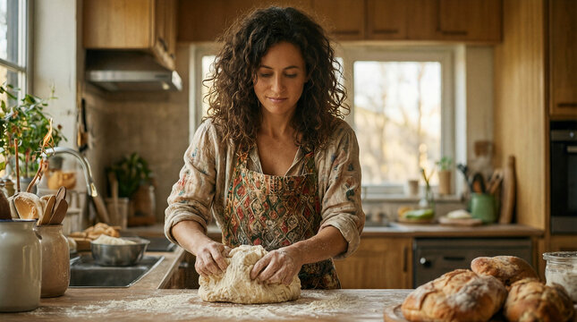 Woman baking bread in home kitchen wearing patterned apron while kneading dough on wooden table