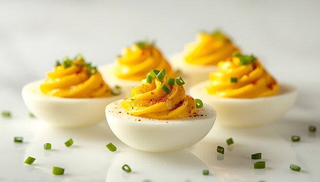 Deviled eggs with creamy yellow yolks. Gourmet appetizer platter with fresh chives.