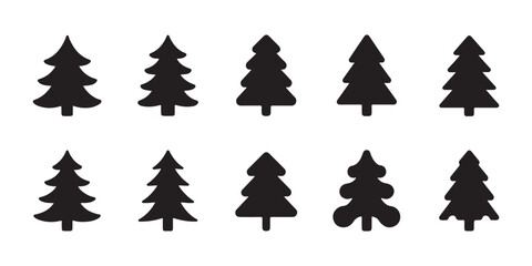 Obraz premium Collection of black stylized Christmas trees on transparent checkered background for festive winter design.