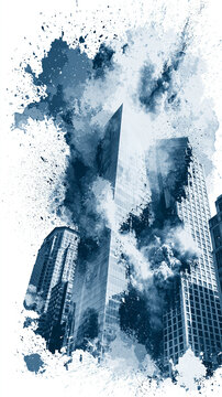 Abstract blue watercolor painting depicting modern city architecture skyscrapers and clouds splash effect on white background.