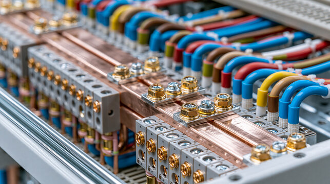 Close up shot of copper busbars and colorful wiring in an electrical power distribution cabinet, showing precise terminal connections, bolts, and industrial circuit components.