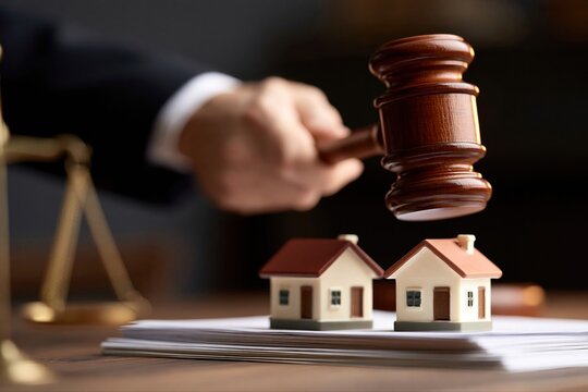 Hand holding gavel over miniature houses on desk with scales of justice, symbolizing real estate auction and legal decision