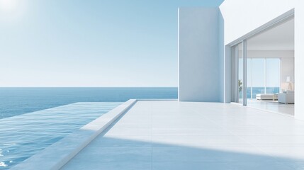 Obraz premium Modern Luxury White Villa with Infinity Pool Overlooking the Serene Ocean Horizon