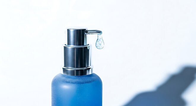 Blue cosmetic pump bottle with serum drop, skincare product for beauty branding