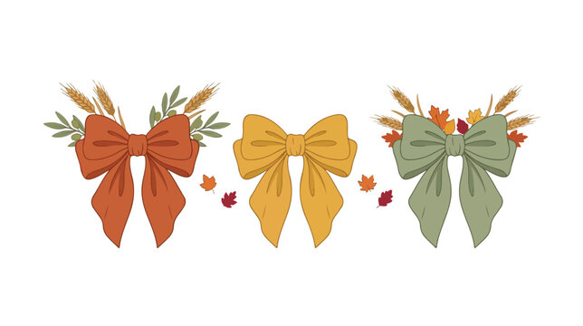 Autumnal harvest bow collection, rustic fall season ribbon bows with wheat and maple leaves, cozy Thanksgiving decorative vector elements, natural seasonal design assets.
